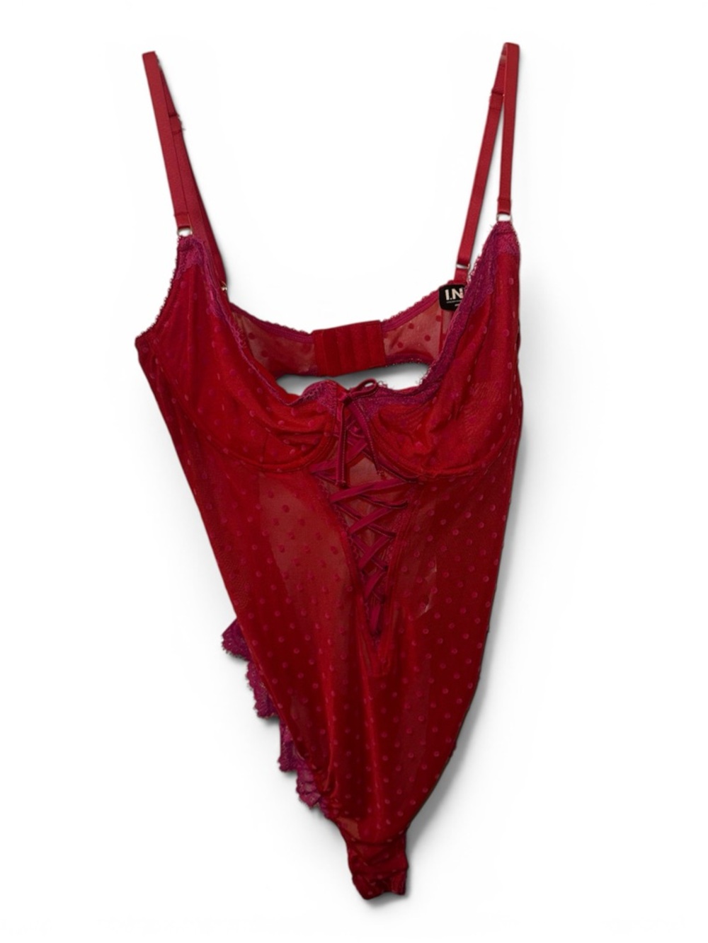 INC International Concepts Red Sheer Lace-Up Polka Dot Bodysuit